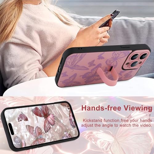 Image of for iPhone 15 Pro Max Case with Finger Strap Holder, Cute Cool Butterfly Print Pattern Design for Women Girls, Shockproof Anti Scratch Hand Kickstand Protective Cover, Pink