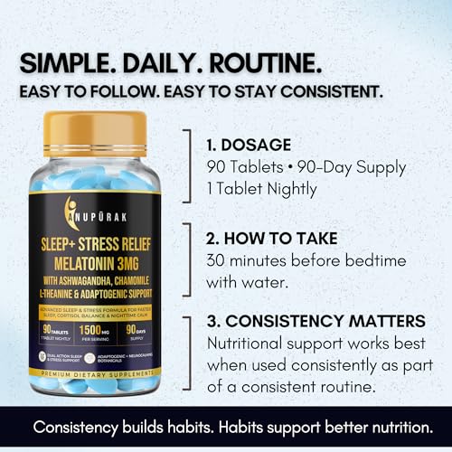 Image of Melatonin 3mg Sleep Tablets | 11 Actives Sleep Supplement with 5-HTP, Ashwagandha, Tagara & L-Theanine | Sleep Cycle & Nighttime Calm Support | Non-Habit Forming | 90 Veg Tablets (90 Days)