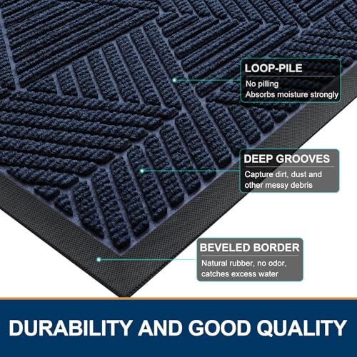 Image of Smiry Half Circle Front Door Mat Outside Entrance, Heavy Duty Sturdy Natural Rubber Doormat, Trap Dirt and Moisture, Low Profile Mats for Indoor Outdoor Entry, Irregular Triangle (35x23, Navy Blue)