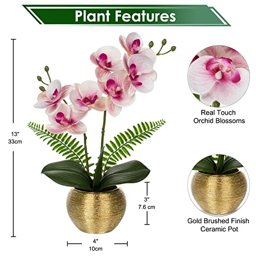 Briful Fake Orchid Fake Plant 13''Pink Orchids Artificial Flowers With Gold Ceramic Vase Faux Orchid For Home Office Decor Indoor #TOP1