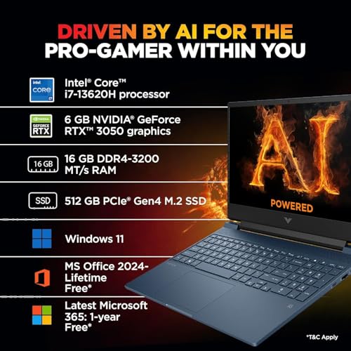 Image of HP Victus, Intel Core i7, 13th Gen-13620H, 6 GB RTX 3050 Gaming Laptop, (16GB DDR4, 512GB SSD) 144Hz,300 nits, IPS, 15.6inch(39.6cm) Win 11, M365* Office24, Blue,2.29kg, Backlit,fa2077tx