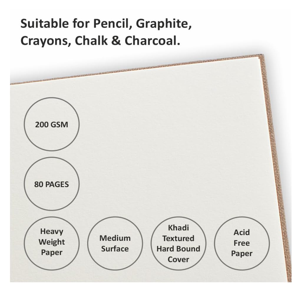 Creo Crafts Sketche Khadi - Cuaderno de bocetos de tapa dura A4 | 40 hojas/80 páginas | Papel de cartucho sin ácidos de 200 g/m² | Bueno para marcador de acuarela, acrílico, tinta, pastel al óleo
