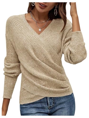 Image of SOLY HUX Women's V Neck Long Sleeve Off Shoulder Sweaters Criss Cross Wrap Ruched Pullover Fall Tops