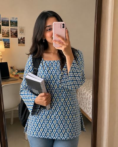 Image of SONISHA Women's Rayon Floral Print Short Kurti for Women Elegance Square Neck, Long Sleeves with Style Criss Cross Back Kurti, Top for Office Wear, Casual, Outdoor