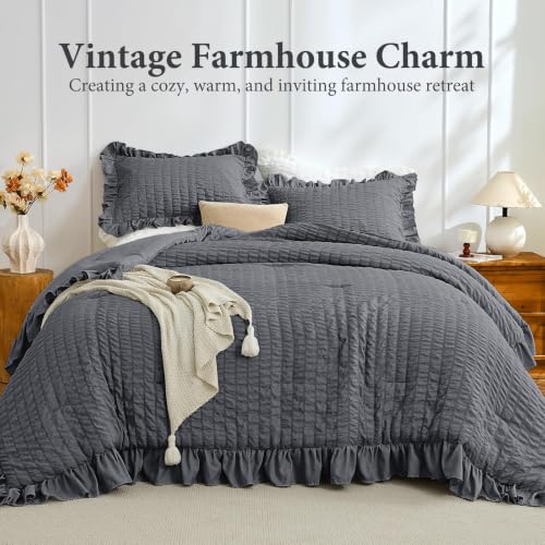 Image of JOLLYVOGUE Dark Grey Twin /Twin XL Comforter Set,3pcs Seersucker Bed Set | OEKO-TEX Certified, All Season, Down Alternative Fill, Lightweight Bedding Set with Ruffle Comforter & Pillowshams, Easy Care