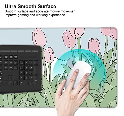 Image of Kawaii Pink Flowers Mouse Pad, Nature Mousepad Cute, Minimalistic Desk Mat, Bunny Anime Desk Pad, Extra Large Mouse Pad, 31.5 X 11.8 Inch, Aesthetic Wildflowers