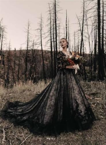 TRHTX Gothic Black Wedding Dresses for Bride Long Sleeve Bridal Gowns V Neck Lace Appliques Wedding Gowns with Train4