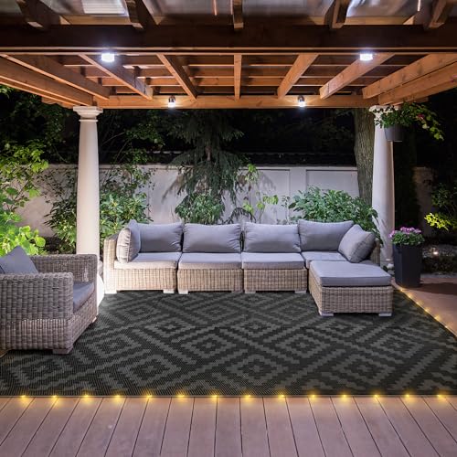 Image of GENIMO Outdoor Rug with LED Strip Lights, 5'x8' Waterproof Camping Mat, Reversible Plastic Straw Rugs for Patio, RV, Camper, Balcony, Backyard, Picnic, Deck, Black & Gray