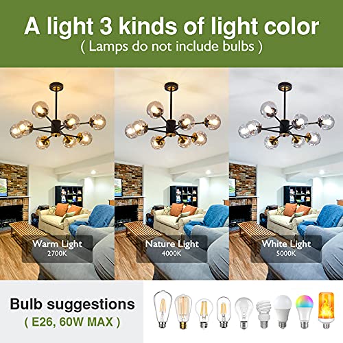 Image of 8 Light Chandelier Pendant Lighting Black with Glass Globes Classic Vintage Sputnik Ceiling Light Fixture for Kitchen Living Room Dining Room Bedroom Farmhouse..