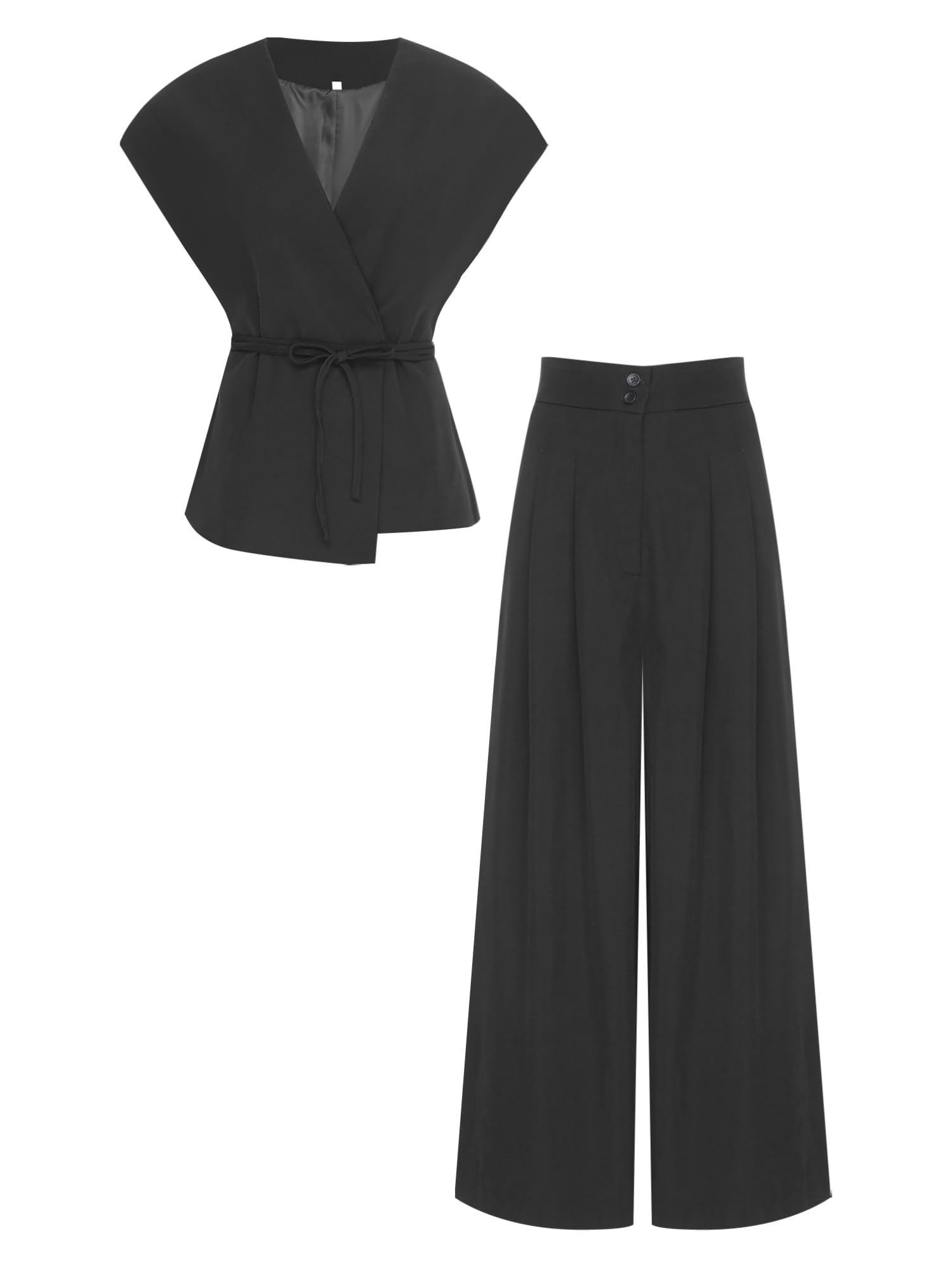 Womens Modern Blazer Belted Blazer Waistcoat and Long Dress Pants Solid Color Suit Formal