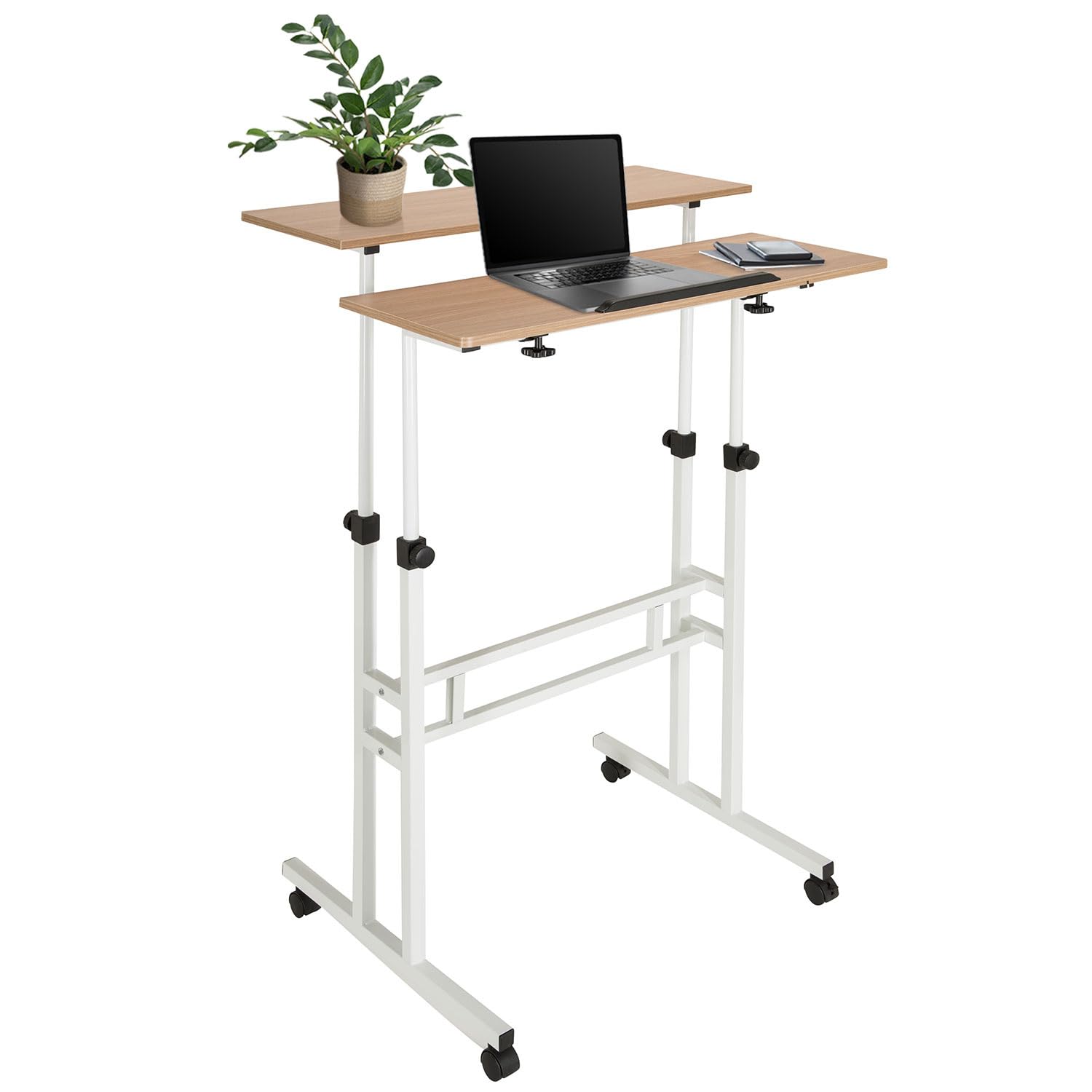 hjh OFFICE 830069 Stehpult höhenverstellbar Workstation I 80x60 Weiß/Eiche Computertisch mit Rollen, Laptop Tisch neigbar