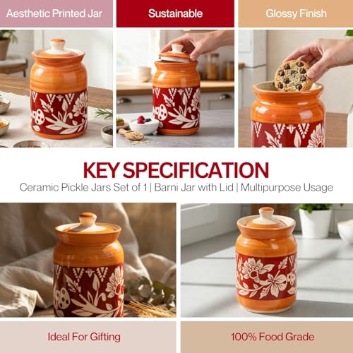 Image of Orange Mushroom Ceramic Handglazed Pickle Jars Set of 1-1000 ML Each | 1 kg Achaar Martban Barni Jar with Lid | Ceramic Storage Jar Container Pickle, Chatney