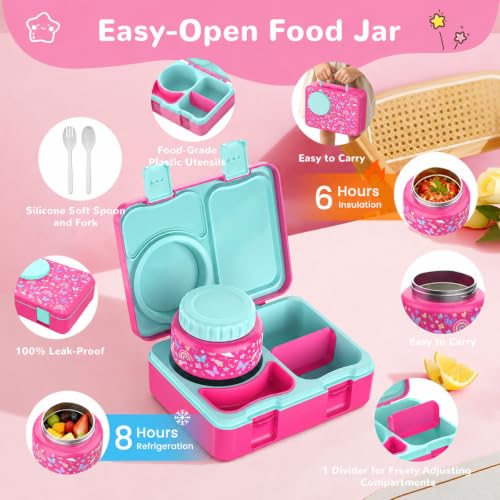 Image of Bento Box for Kids, Leakproof Kids Lunch Box with 8.5OZ Thermo Food Jar & Lunch Bag, 3-4 Compartments Toddler Insulated Lunch Box for Girls, BPA Free Lunch Containers for School Daycare