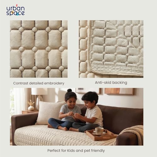 Image of Urban Space Velvet Embroidery Quilted Sofa Cover mat, Premium 1 Seater Non-Slip Sofa slipcover, Easy Care & Machine Washable, Seat Runner for Couch for Living Space (1 Seater - Box Grid - Beige)