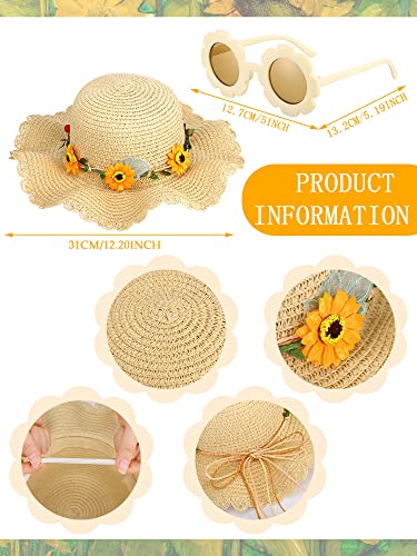 Cindeer 2 Pcs Girls Straw Summer Hat with Round Flower Sunglasses Set for Kids Large Brim Cute Sunflower Beach Sun Hat(Beige)4