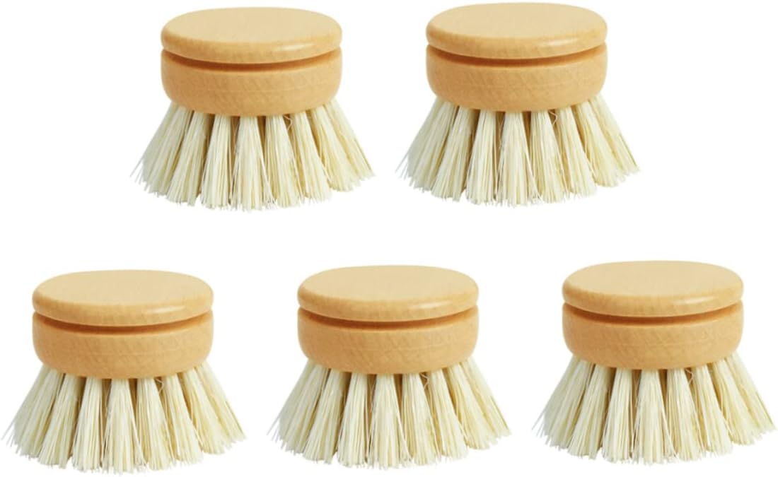 Brush Eco-Friendly Dish Brush Replacement Heads - 5 Pieces Natural Sisal Hemp and Beech Wood Scrubbing Brushes