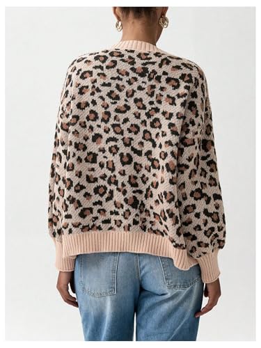 Image of BEAUDRM Women's Leopard Print Cardigan Button Front Cardigan Sweaters Crew Neck Drop Shoulder Long Sleeve Knit Tops Apricot Medium