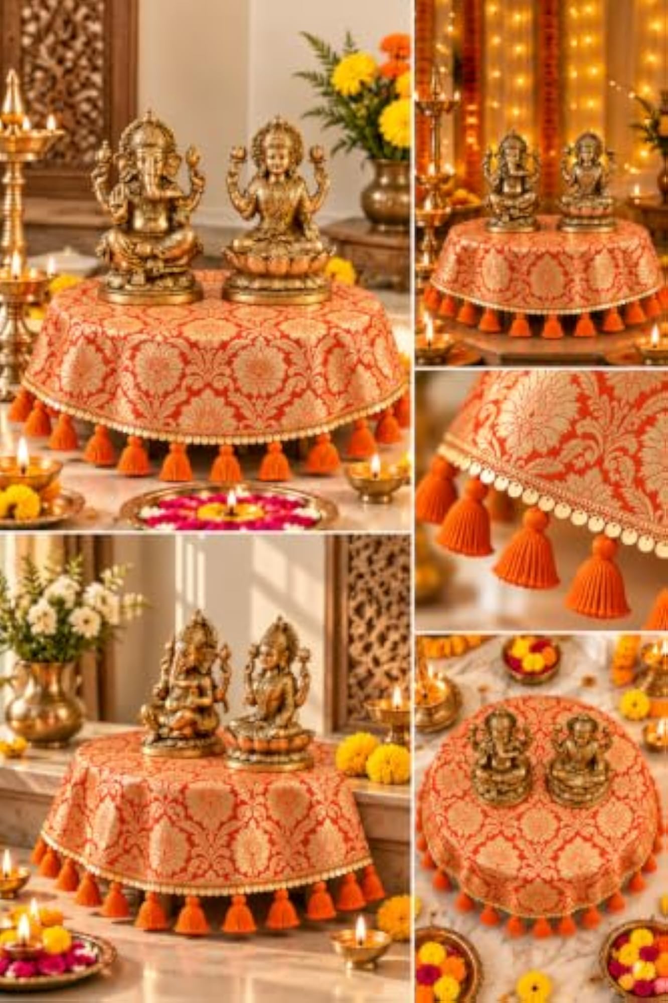 Orange Brocade Silk Round Thali & Chowki Cover with Gold Lace