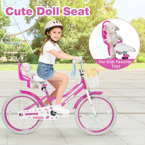 Image of Olakids Kids Bike, 12 14 16 18 20 Inch Girls Bicycle with Doll Seat Basket Adjustable Seat and Handlebar, Handbrake and Coaster Brake