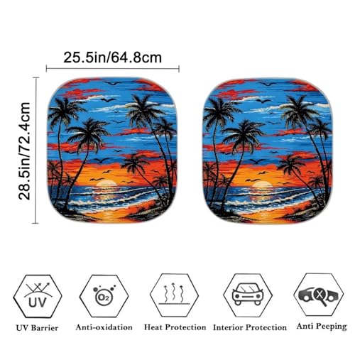 Image of 2 PCS Windshield Sun Shade Foldable Palm Trees Sunset Car Front Window Cover Sun Visor UV Rays Blocker Automotive Interior Accessories Sun Protection