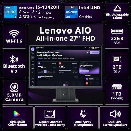 Image of Lenovo IdeaCentre 27 inch FHD All-in-One Desktop, Intel Core i5-13420H, 32GB DDR5, 3TB Storage (2TB SSD+1TB Docking Station), 5.0MP Camera, Wi-Fi 6, Wireless Keyboard & Mouse, Windows 11, Luna Grey