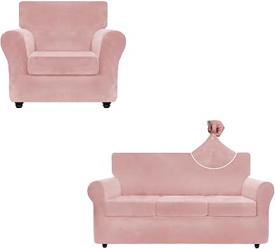 ZNSAYOTX Luxury Velvet Chair Slipcovers + Couch Cover 4 Piece 72"-92" Stretch Sofa Covers for 3 Cushion Couch Thick Soft Sofa Slipcover with Non Slip Strap