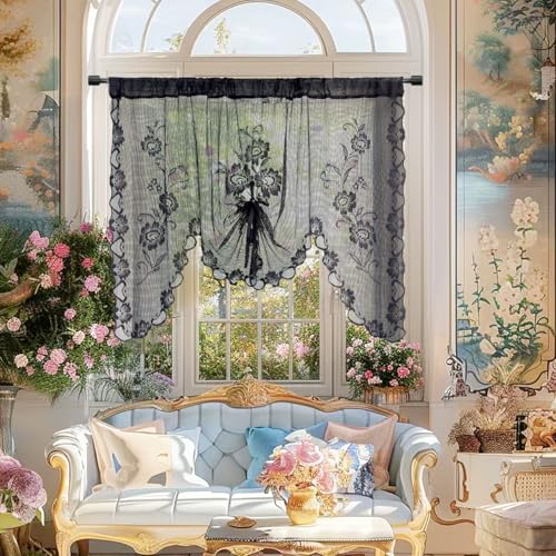 NewWPKIRA 1 Panel Black Floral Embroidery Tie-up Sheer Lace Curtain Valance — view 2
