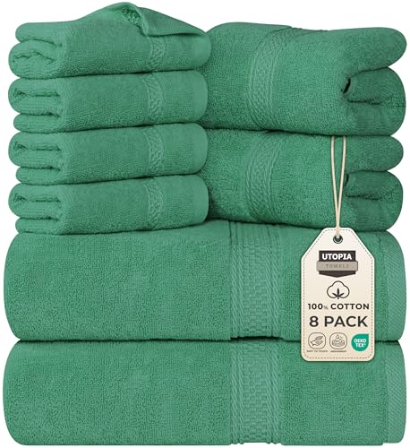 Utopia Towels 8 Piece Premium Towel Set, 2 Bath, 2 Hand, and 4 Wash Cloths, 600 GSM 100% Ring Spun Cotton, Highly Absorbent Towels for Bathroom, Gym, Hotel, and Spa, Hunter Green