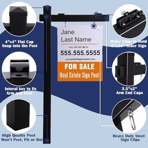 SUFUS Vinyl PVC Real Estate Sign Post 6\' Tall (4\"x 4\"x 72\"), Realtor Yard Sign Post with Flat Cap for Open House and Home for Sale, 36\" Arm Holds Up to 24\" Sign, Black (No Sign)