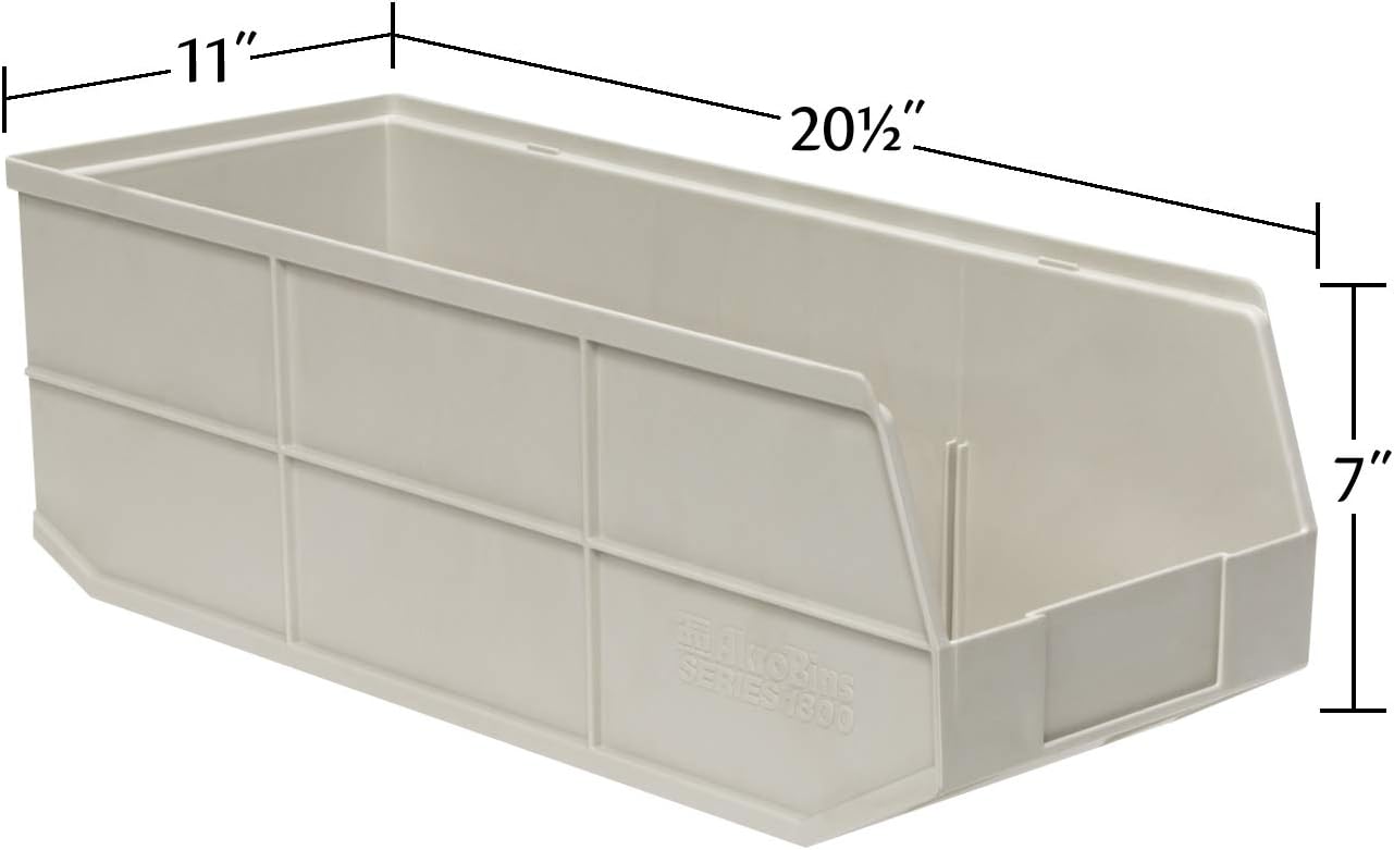 Akro-Mils 30358 1800 Series AkroBin Plastic Stacking Storage Bin, (20-1/2-Inch L x 11-Inch W x 7-Inch H), Beige, (6-Pack)
