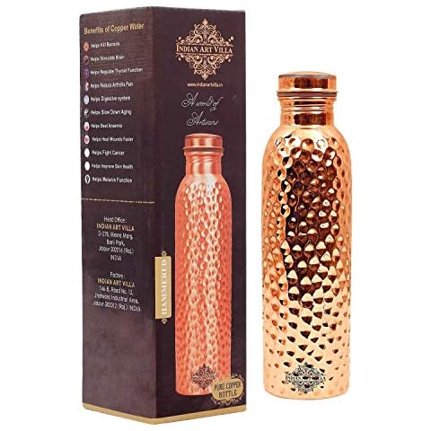 Indian Art Villa Copper Hammered Water Bottle|Leak Proof Joint Free|Storage Water Benefit Yoga|Volume 1000 ML/34 OZ Cover