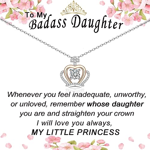 Daughter Gifts for Daughters from Mothers Dad Mom, To My Badass Daughter Crown Necklace Gifts for Women Girls, Cute Daughter Birthday Christmas Gifts for Her