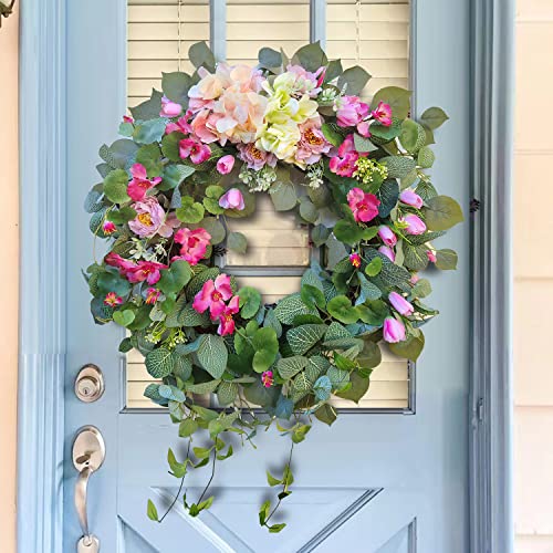 Wanna-Cul 24 Inch Spring Hydrangea Floral Wreath For Front Door With Pink And Purple Tulip And Peony Flower For Wedding Or Home Decor #TOP5