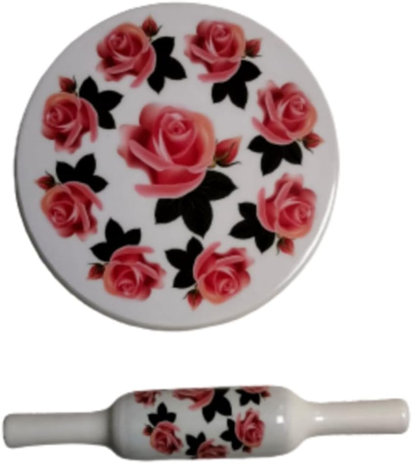 Samyuktha Printed White Marble Roti Maker with Belan Enamel Print/White Marble Chakla 10 Inch Diameter with Belan (Printed Enamel Chakla Belan) (Rose printed)