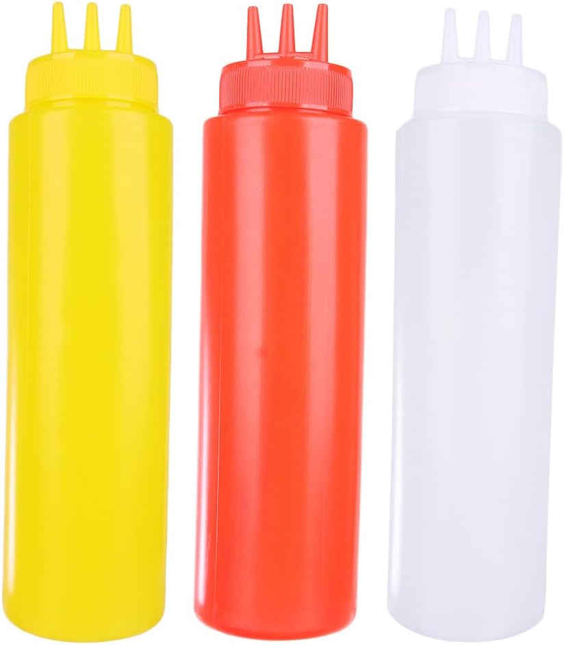 Vctitil 3 Pcs Condiment Squeeze Bottles 3-Hole Plastic Dispenser Container Tomato Sauce Dispensers Sauce Squeeze Bottles (24 OZ, 650 ML)