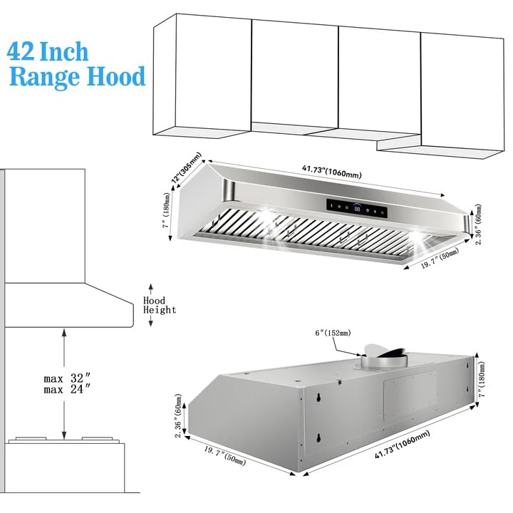 Image of 42 inch Range Hood Under Cabinet, 1200 CFM Stainless Steel Stove Vent Hoods | 4-Speed Gesture Sensing & Touch Control, 2 LED Lights, Time Setting, Dishwasher-Safe Baffle Filters, for Kitchen
