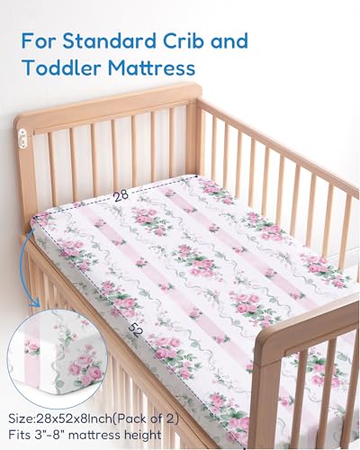 Image of Crib Sheets 2 Pack, Fitted Crib Sheet for Standard Crib Mattress 28x52x9, Ultra Soft Jersey Knit, Breathable Stretchy Deep Pocket, Snug Fit Stays Put, Baby Crib Mattress Sheet