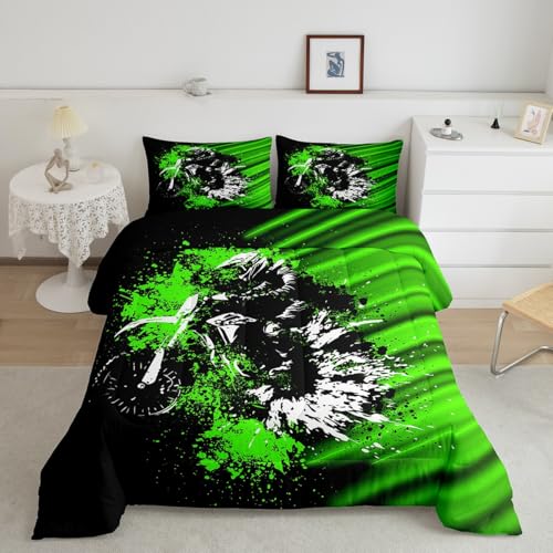 Image of Feelyou Kids Dirt Bike Comforter Set Full Size, Green Black Ombre Bedding Set Extreme Sports Duvet Insert Boys Girls Teens Bedroom Decor 3Pcs