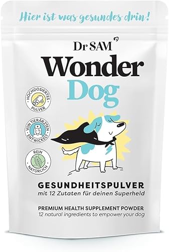 Dr.SAM WonderDog - Gesundheitspulver für Hunde - Hochdosierte Nahrungsergänzung für Gelenke, Darm, Stress, Zähne, Haut und Fell, 100{67ba566b17d7171335759e1c8d15e31b132372b667bc4a957717a6a30c95a99e} pflanzliche Rundumversorgung, Made in Germany, 90g Dr.SAM WonderDog - Gesundheitspulver für Hunde - Hochdosierte Nahrungsergänzung für Gelenke, Darm, Stress, Zähne, Haut und Fell, 100{67ba566b17d7171335759e1c8d15e31b132372b667bc4a957717a6a30c95a99e} pflanzliche Rundumversorgung, Made in Germany, 90g