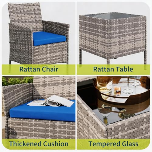 Image of GAOMON 3-Piece Patio Conversation Bistro Set - PE Rattan Wicker - 2 Cushioned Chairs & Tempered Glass Coffee Table - Water-Resistant Cushions for Backyard, Porch, Balcony, Poolside - Grey /Blue