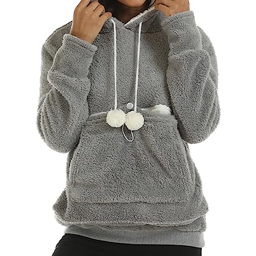 Damen Pullover Kapuzenpullover mit Katzen Hund Tasche Hundetasche Katze Große Größen Sweatshirt Pulli Hoodie Kapuze Katzenpulli Beutel Langarm Herbst Winter mit Reißverschluss
