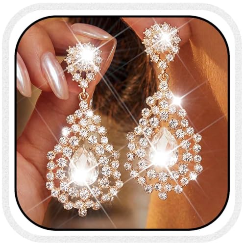 Catery Rhinestone Earrings Silver Pageant Earrings Dangle Jewelry for Women (Gold)