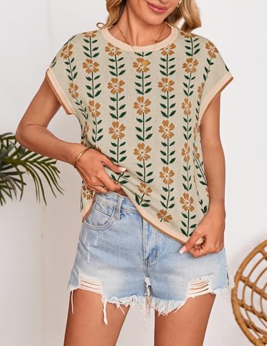 Image of ZESICA Women's Summer Trendy Knit Top 2026 Floral Print Short Sleeve Crewneck Loose Fit Sweater Vest Going Out Clothes