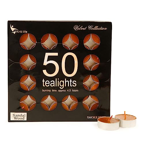 Image of Kriti Life Sandalwood Scented Tealight Candles - 100% Paraffin Wax, Smokeless, Long Burn Time (4.5 Hours), Dripless Brown Candles for Home Decor, Diwali, Weddings & Meditation - Set of 50