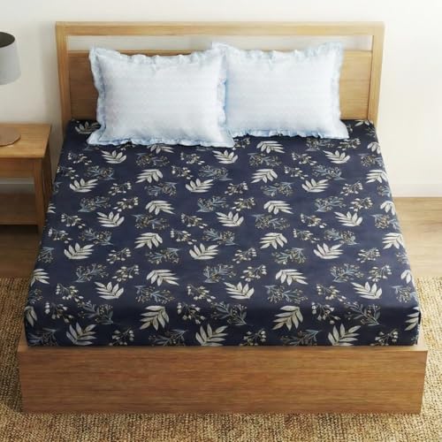 Image of Home Sizzler Microfibre Botanical Print Double Fitted Bedsheet, 72x78 inch, Navy Blue with 2 Ruffled Edge Pillow Covers