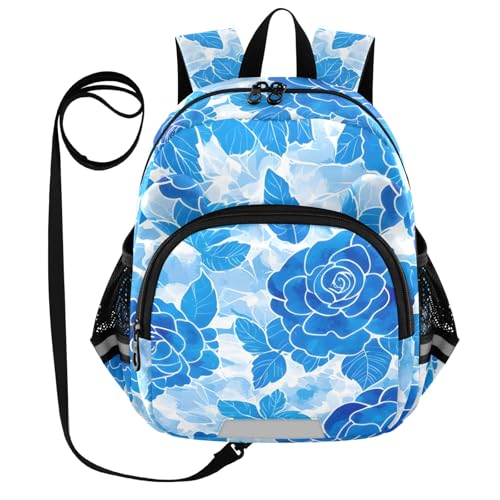 Kid's Backpack for Boys & Girls Toddler Bag Blue Roses Flower Backpack with Safety Leash