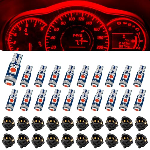 Damwot 74 Led Bulb Dash Lights Super Bright T5 37 74 LED Bulb with Twist Lock Socket PC74 PC37 Dashboard Lights Instrument Cluster Bulbs Kits Pack of 20 (Red)