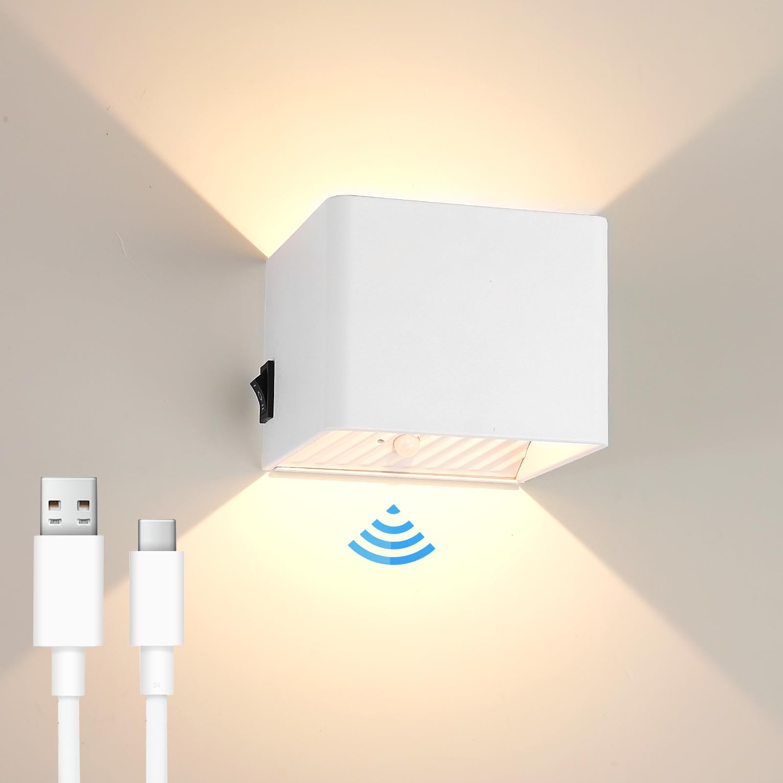GeyouLux 5W Aplique Pared Interior Con Sensor de Movimiento,3000K Luz cálida Magnético Lampara Pared Sin Cable,Con Interruptor Apliques Pared Dormitorio,Recargable USB CRI>80 Apliques Pared(Blanco)