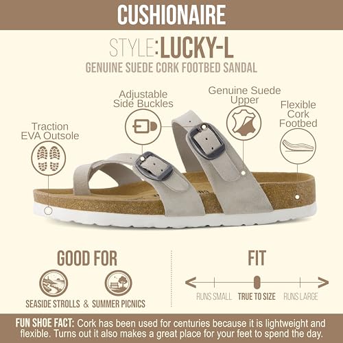 Image of CUSHIONAIRE Lucky 100% Genuine Leather Suede Womens Sandals, Comfortable Cork Footbed Slides for Women with Adjustable Buckles