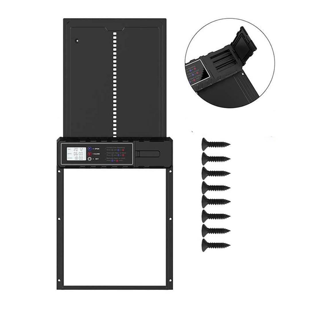 Aka & Lou elektrische Hühnerstalltür mit Zeitschaltuhr und manuell programmierbarem LCD-Bildschirm. Automatische Hühnerklappe mit Batteriebetrieb, groß, robust.